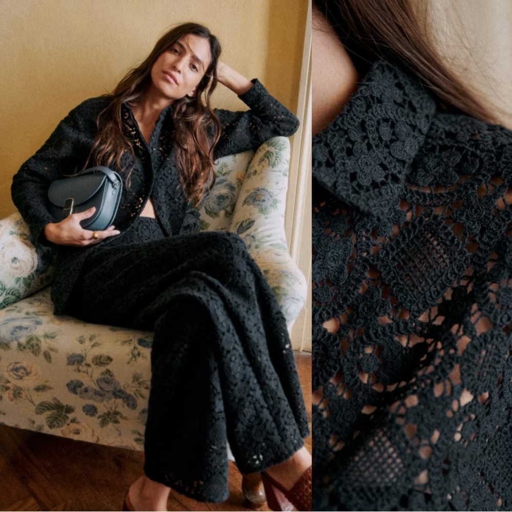 Sezane Black Crochet Button-Up Blouse